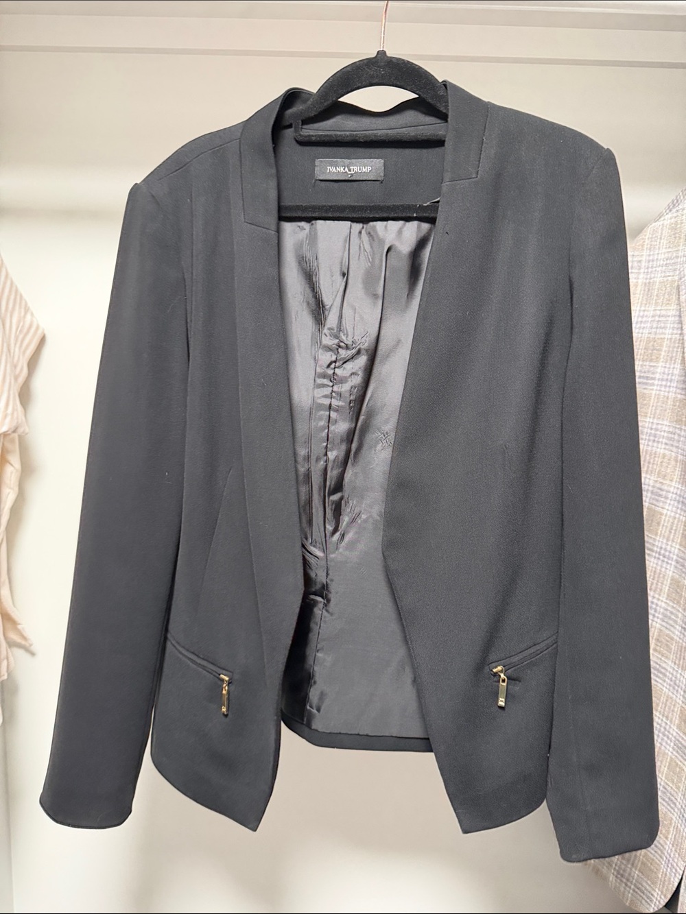 Vince Camuto Black Open-Front Blazer with Gold Zippers